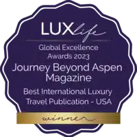 LUXlife Global Excellence Awards 2023 winner badge awarded to Journey Beyond Aspen Magazine for Best International Luxury Travel Publication - USA.