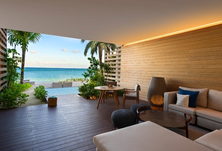 An inside look at the beachfront terrace pool suite overlooking Mayakoba’s white beach