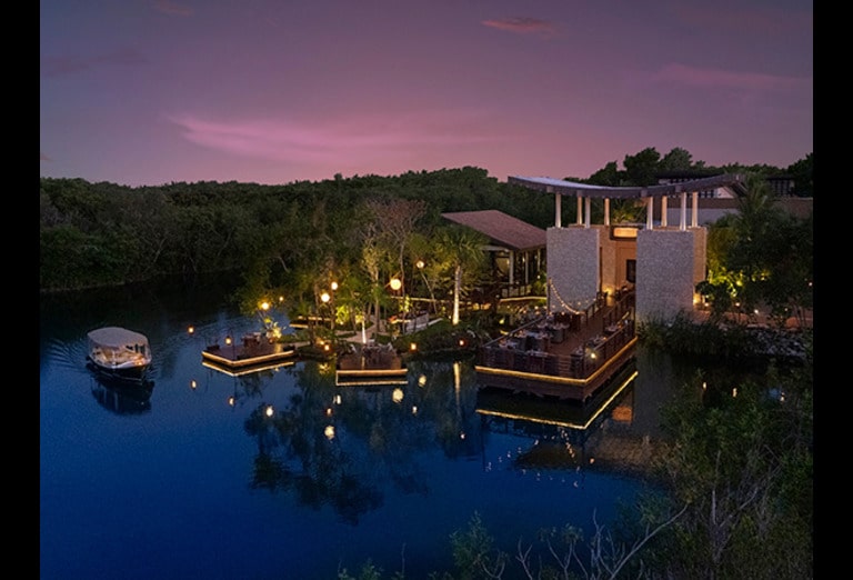 An aerial view of the Saffron restaurant in the mayakoba mangrove