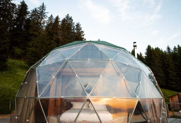 An outdoor pod at Whitepod Eco Luxury Resort in Switzerland