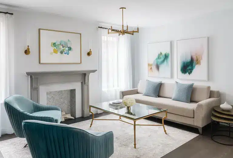 The Wallace Hotel's Deluxe Queen Parlor suite with a serene white and pastel color palette, plush blue chairs, and gold accents, featured on Journey Beyond Aspen
