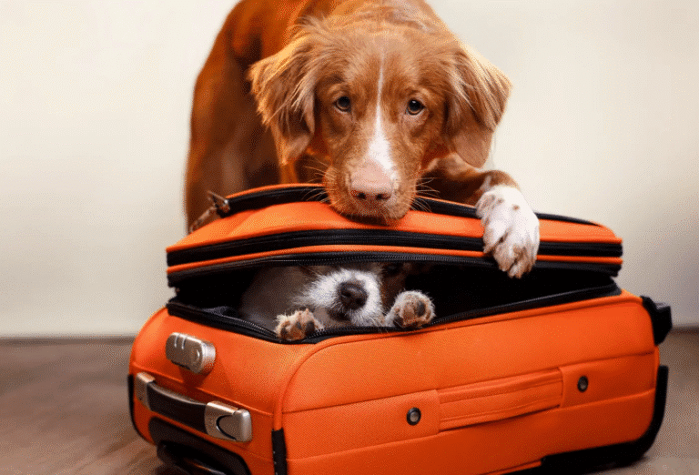 A medium-sized brown dog has his paw on top of a suit case while a terrier peeks out from inside of it.